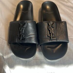 Saint Laurent Black Leather Slides with YSL Logo